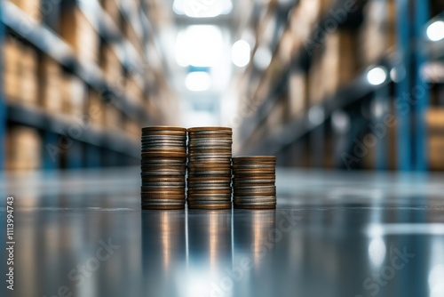 Three stacks of coins of varying heights to represent inventory levels. The blurred background showcases the warehouse environment.