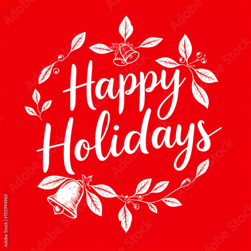 Happy Holidays Christmas greeting card with snow, bells, ribbons, wreath in winter scene