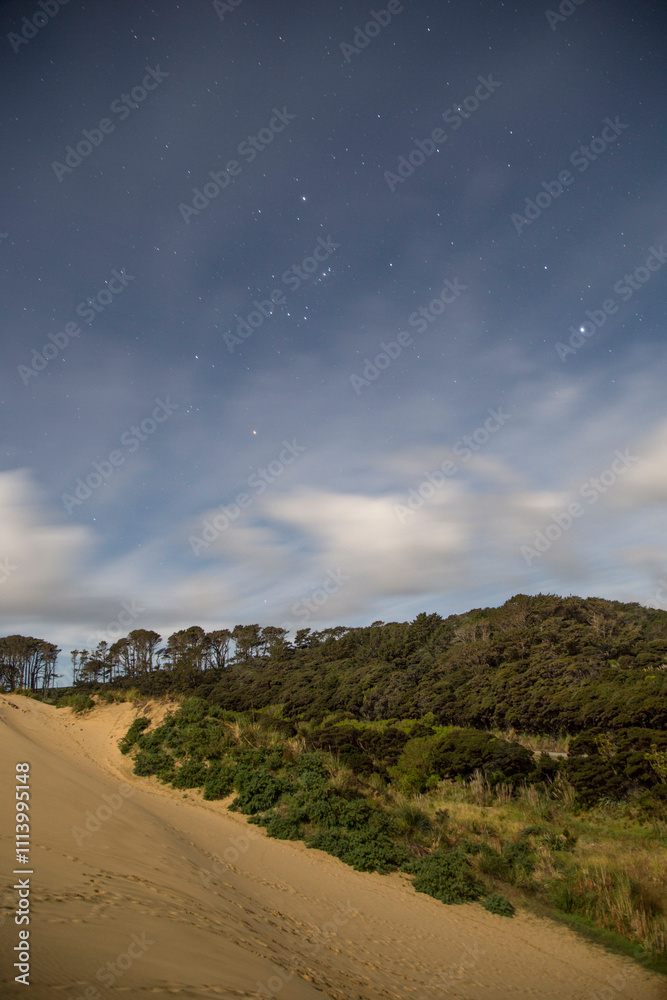 Starry sky above a sand dune and forest at twilight, Te Paki Sand Dunes, Northland, New Zealand Starry sky above a sand dune and forest at twilight, Te Paki Sand Dunes, Northland, New Zealand