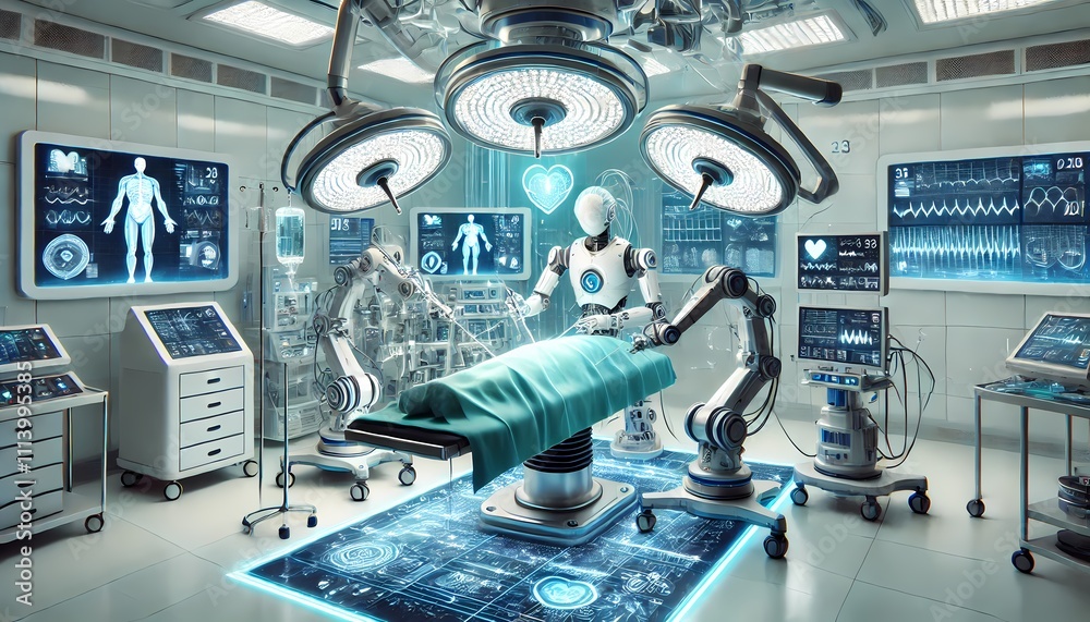 A high-tech laboratory where robotic surgeons are performing a delicate operation on a patient using precision tools controlled by AI A high-tech laboratory where robotic surgeons are performing a delicate operation on a patient using precision tools controlled by AI