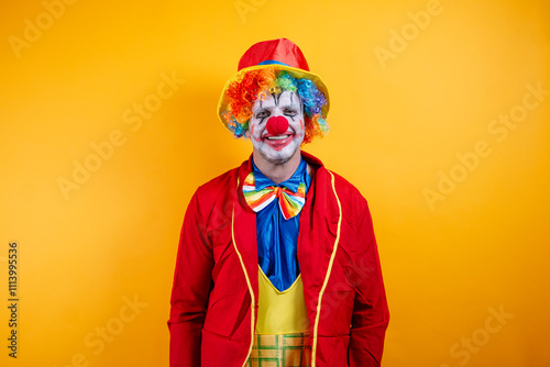 Happy clown in colorful costume against vibrant yellow background.