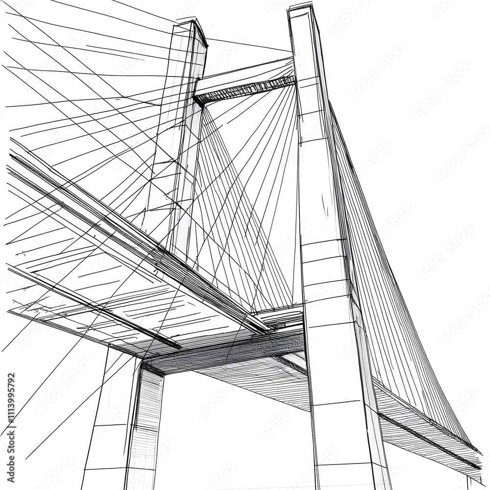 Obraz premium Technical CAD line drawing of a suspension bridge, showing the tension cables, towers, and cross-sectional details