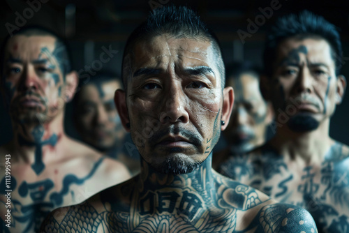 Wallpaper Mural Generative AI Image of Intense Asian Gangster with Tattooed Face in Criminal Mafia Group Torontodigital.ca
