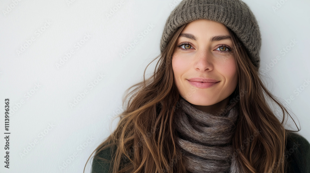 Smiling woman with long brown hair, wearing a knit hat and scarf, leaning against a white wall, exuding warmth and natural beauty. Smiling woman with long brown hair, wearing a knit hat and scarf, leaning against a white wall, exuding warmth and natural beauty.