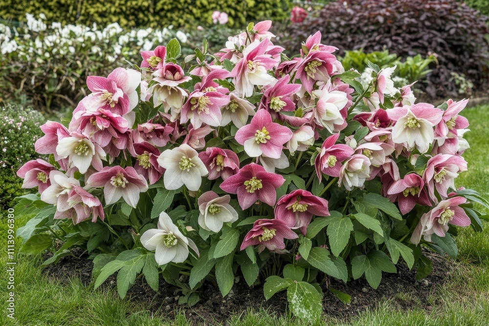 Helleborus niger pink and white Christmas rose cultivated in a UK garden Helleborus niger pink and white Christmas rose cultivated in a UK garden