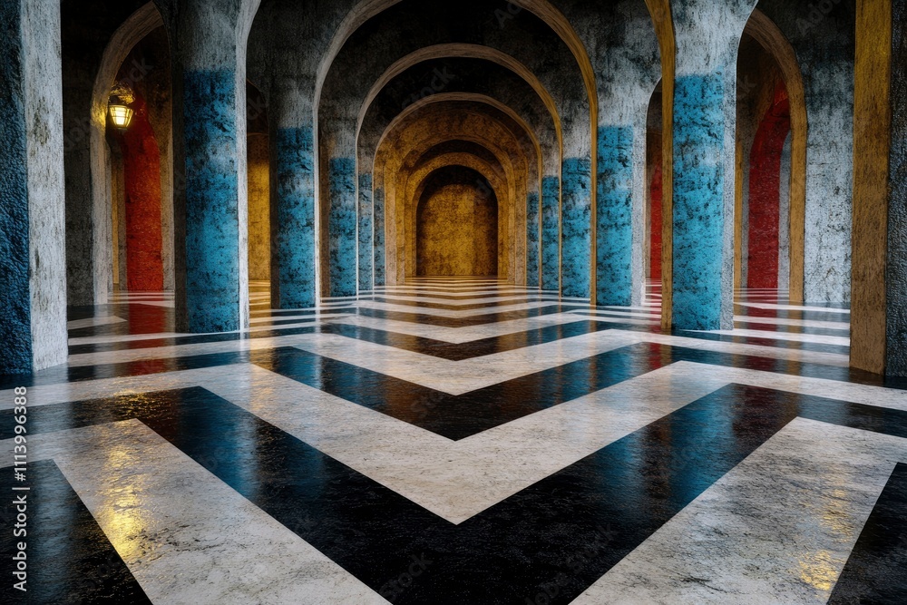 Obraz premium Abstract Architectural Interior with Geometric Floor and Colorful Columns
