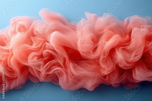 Abstract Coral Tulle Fabric Swirl on Blue Background