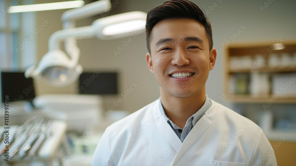 smiling Asian man in a white lab coat, likely a dentist, in a dental office smiling Asian man in a white lab coat, likely a dentist, in a dental office