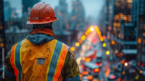 Construction worker wearing safety gear overlooking an development construction site and team outdoor for building project in the background. Engineering, planning and architecture