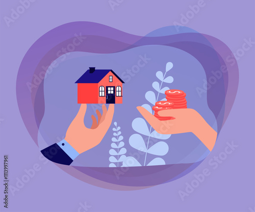 Offer to exchange house for cash money between agent and user. Human hands holding dollar coins and home property flat vector illustration. Real estate mortgage, rent, apartment sale concept