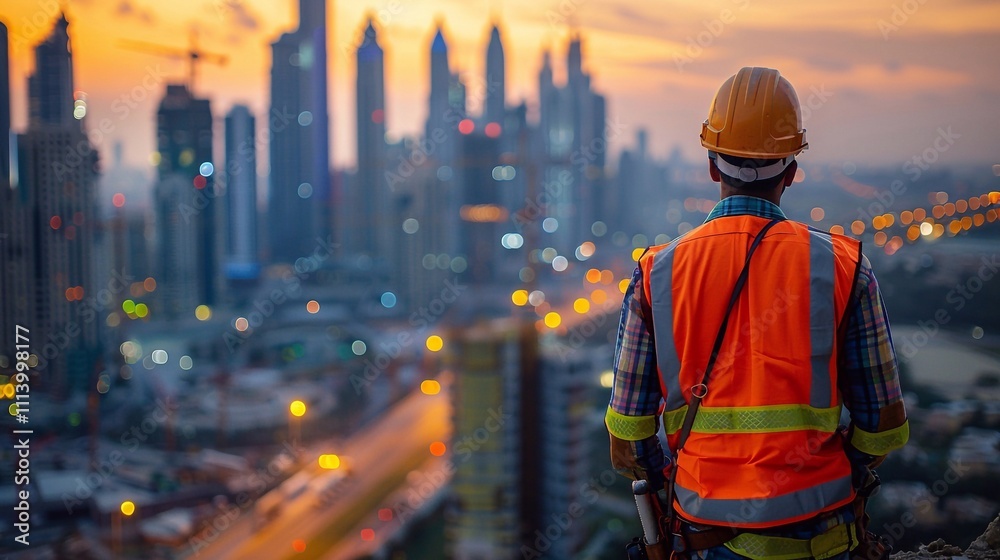Construction worker wearing safety gear overlooking an development construction site and team outdoor for building project in the background. Engineering, planning and architecture Construction worker wearing safety gear overlooking an development construction site and team outdoor for building project in the background. Engineering, planning and architecture