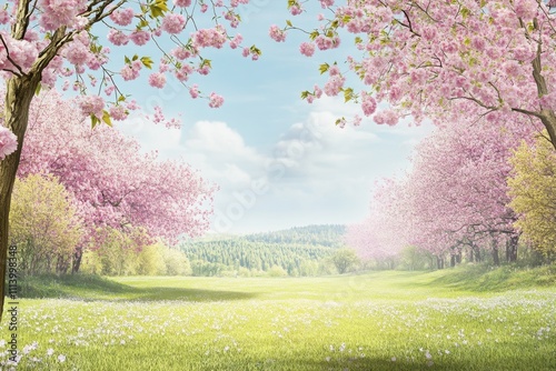 Cherry blossom trees bloom in a serene spring landscape with vibrant pink flowers
