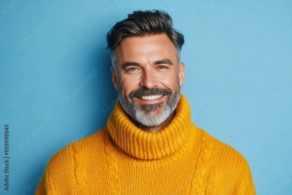 Image of a smiling bearded man in a yellow sweater against a blue backdrop a middle aged fashion model in a studio setting Image of a smiling bearded man in a yellow sweater against a blue backdrop a middle aged fashion model in a studio setting