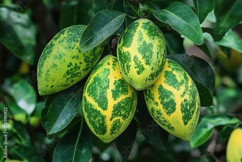 In Indonesia sapodilla plant leaves known as ilimiah Manilkara zapota are green with yellow markings and oval shaped photo