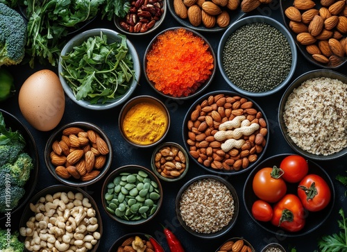 Flatlay showcasing various healthy foods including nuts, seeds, grains, vegetables, and spices. Perfect for healthy eating, nutrition, or food blog content.