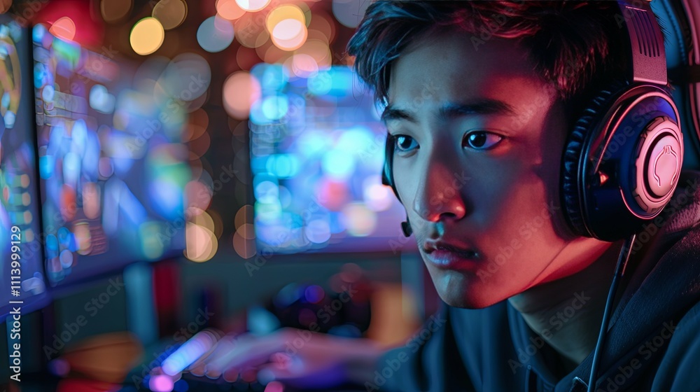 Focused Gamer with Headset Immersed in Vibrant Online Gameplay Focused Gamer with Headset Immersed in Vibrant Online Gameplay