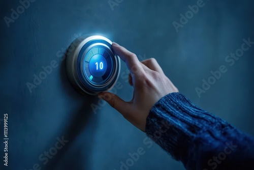 Individual manipulates thermostat to boost cold air in a space symbolizing control over climate change and seasonal shifts
