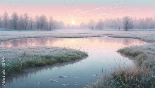 Frosty January sunrise over tranquil stream with misty grass and soft pastel colors