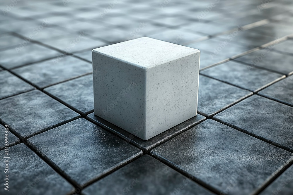 Single White Cube on Dark Gray Stone Pavement