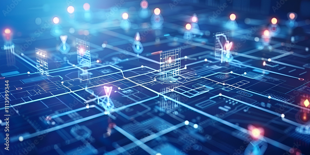 Abstract digital network grid with glowing nodes and data lines. Abstract digital network grid with glowing nodes and data lines.
