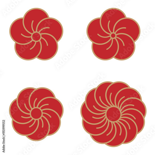 赤の花びらに金のふちのねじり梅、花びらの数は5枚と7枚と12枚の全4種類