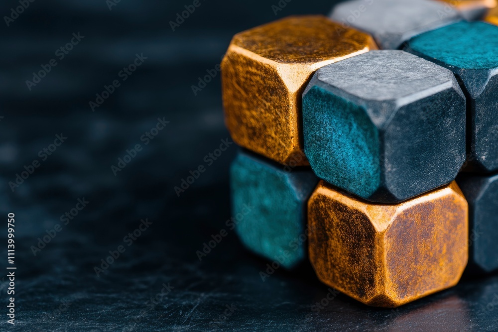 Abstract Metallic Cube Puzzle Gold, Teal, and Gray Geometric Shapes Abstract Metallic Cube Puzzle Gold, Teal, and Gray Geometric Shapes