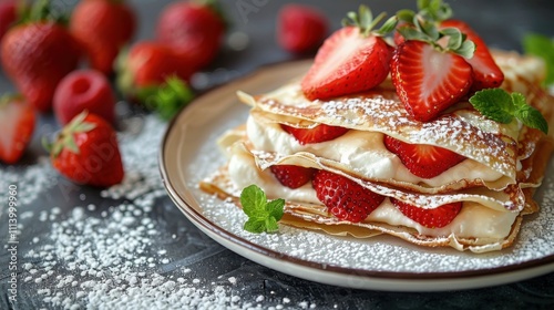 Exquisite crepes filled with rich ricotta, garnished with vibrant strawberries on a sophisticated marble table