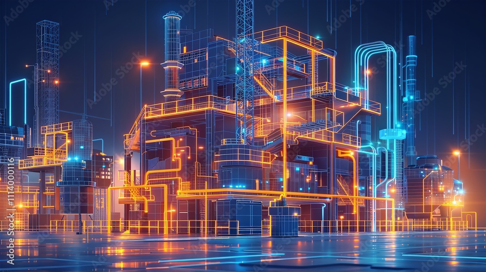 Fototapeta premium Neon blue Digital construction site sketch. Building 3D Printing, Building Information Modeling, Industrial background, Build project, Architect plan, Urban development, Modular Construction concept