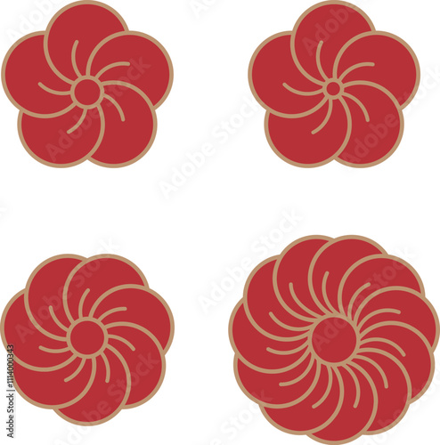 赤の花びらに金のふちのねじり梅、花びらの数は5枚と7枚と12枚の全4種類