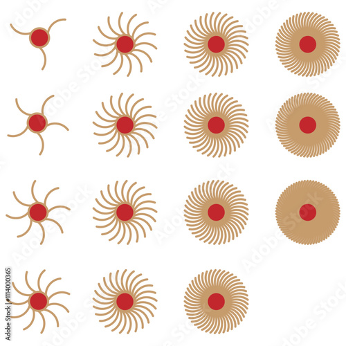 赤の丸に金の線、線3本から70線まで15種類の幾何学シンボル