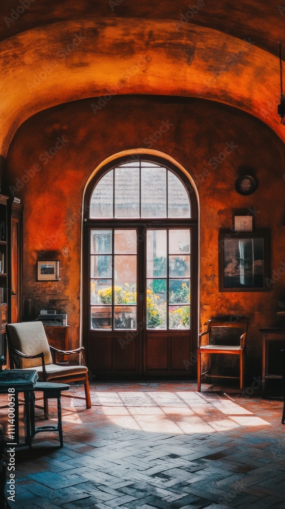 Warm and Inviting Arched Doorway with Sunlit Interior Warm and Inviting Arched Doorway with Sunlit Interior