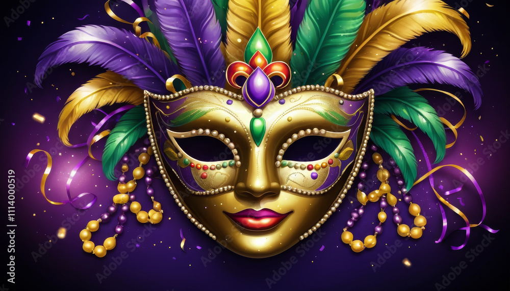 Elegant Mardi Gras banner featuring a golden mask with feathers and vibrant colors for celebration Elegant Mardi Gras banner featuring a golden mask with feathers and vibrant colors for celebration