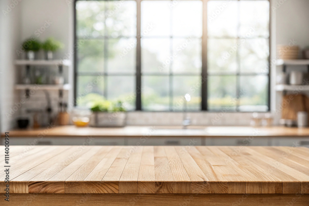 Empty wood table top on blur kitchen window background. For product or foods montage. Empty wood table top on blur kitchen window background. For product or foods montage.