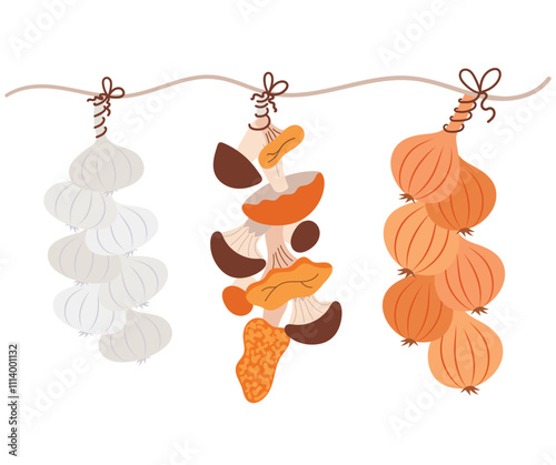 Bunches of garlic, onions and mushrooms. harvest on a rope.