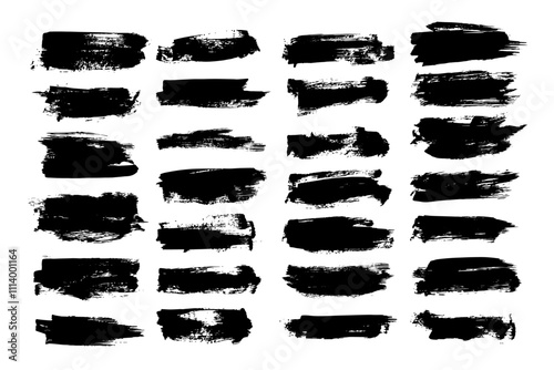 Collection of ink brush strokes. Set of vector grunge brushes featuring dirty textures for banners, boxes, frames, and design elements. Painted objects isolated on a white background