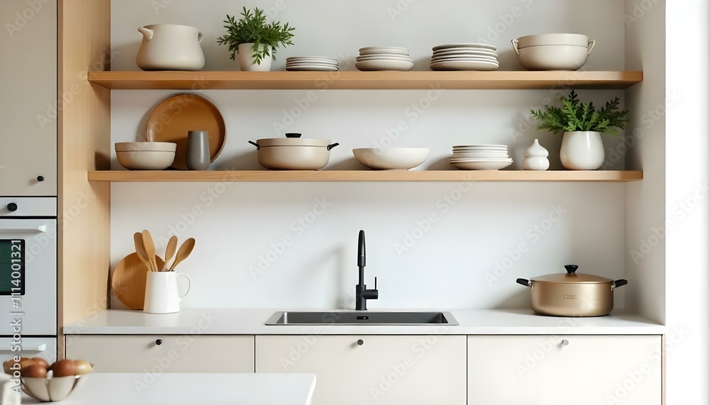 A modern, minimalist kitchen with open shelving displaying various kitchen items and cookware. A modern, minimalist kitchen with open shelving displaying various kitchen items and cookware.