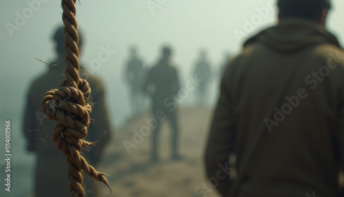 Knot in a rope with blurred figures in the background for teamwork and conflict themes photo