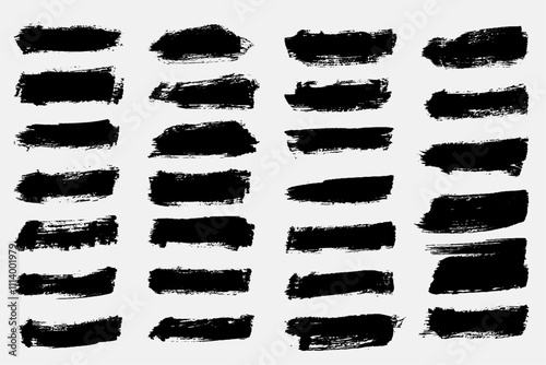 Collection of ink brush strokes. Set of vector grunge brushes featuring dirty textures for banners, boxes, frames, and design elements. Painted objects isolated on a white background