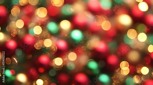 Abstract festive holiday background with red, green and gold bokeh.