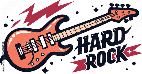 Monochrome Hard Rock Guitar Illustration with Bold Typography and Star Design