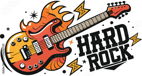 Hard Rock Electric Guitar Illustration with Dynamic Lightning and Bold Typography