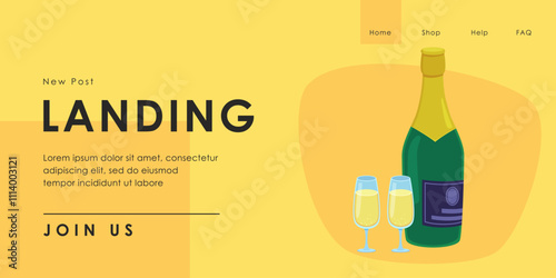 Champagne bottle and flutes vector illustration. Cartoon drawing of New Year symbols. Landing page template. New Year, winter, party, celebration concept