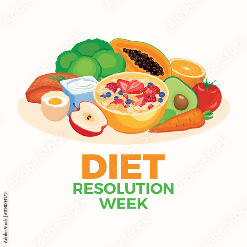 Diet Resolution Week poster vector illustration. Bowl of oatmeal, fruits, vegetables, proteins vector. Pile of healthy fresh food drawing. Template for background, banner, card. January every year