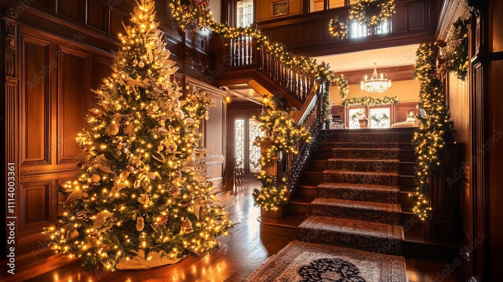 Festive Christmas ambiance with a majestic fir tree adorned with twinkling lights. A beautifully decorated tree stands proudly in a cozy home, featuring sparkling garland and a warm wooden backdrop Festive Christmas ambiance with a majestic fir tree adorned with twinkling lights. A beautifully decorated tree stands proudly in a cozy home, featuring sparkling garland and a warm wooden backdrop