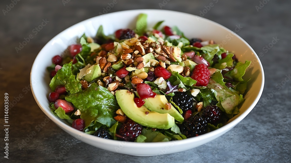 A vibrant salad with mixed greens, avocado, berries, and nuts, highlighting the combination of healthy and functional ingredients A vibrant salad with mixed greens, avocado, berries, and nuts, highlighting the combination of healthy and functional ingredients