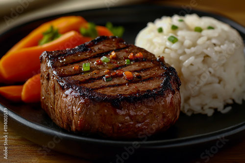 A perfectly grilled filet mignon, accompanied by tender steamed rice and vibrant carrots, is elegantly plated in a dark, sophisticated dish. photo