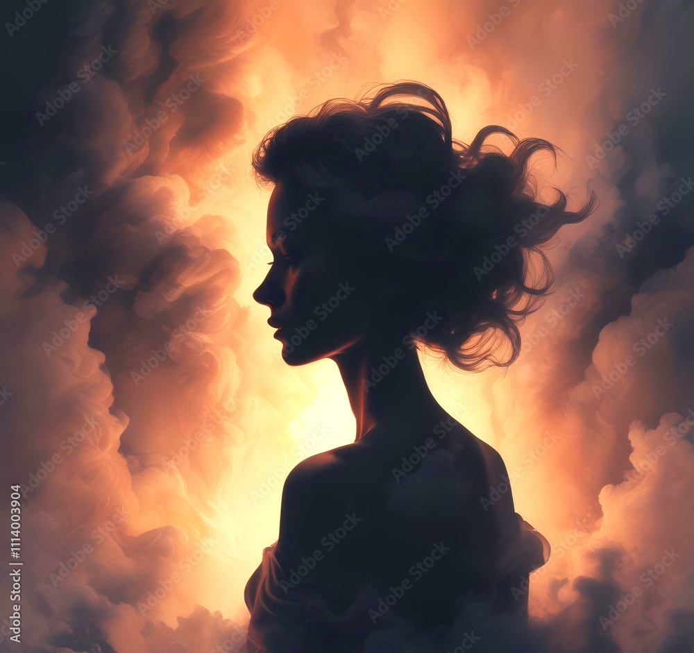 Illustration of woman silhouette with dramatic glowing background. Illustration of woman silhouette with dramatic glowing background.