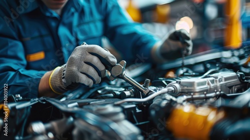 Handsome mechanic focused on a vehicle repair with a ratchet in a well-maintained, clean workshop