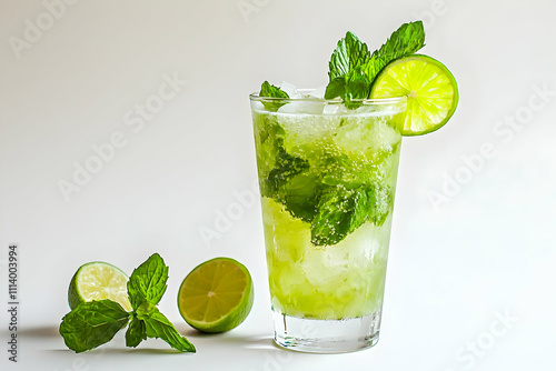A crisp Mojito cocktail, beautifully garnished with mint and lime, captured on a white background, perfect for evoking a refreshing summer escape or cocktail promotions.