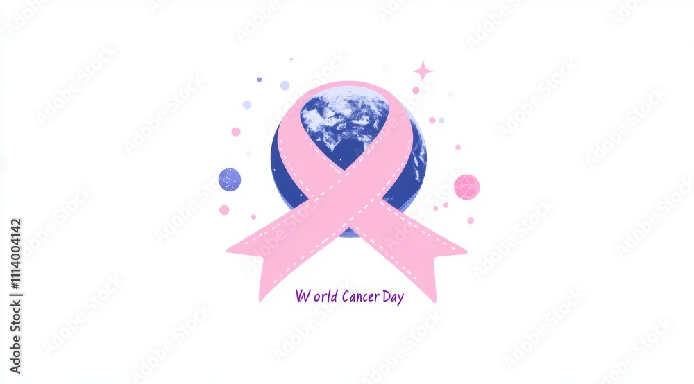World Cancer Day vector graphic logo, pink ribbon with text 